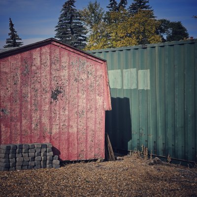 A weathered pink wooden shed with peeling paint stands next to a green shipping container on gravel ground beneath autumn trees.
