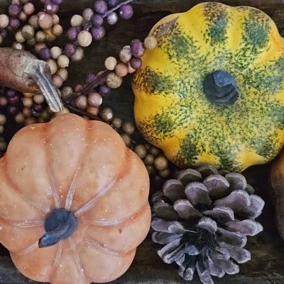 Top-down view of an autumn display featuring a small peach pumpkin, a yellow and green speckled gourd, a pinecone, and sprigs of purple berries on a dark wooden surface.